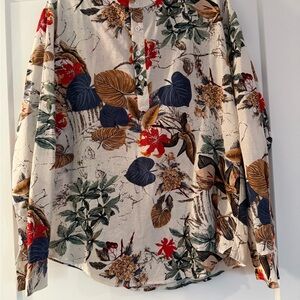 Coofandy Men’s Cotton Hemp Blend Floral Long Roll Tab Sleeve Henley Shirt Size M